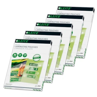 Afbeelding van Leitz Lamineerfolie A4 80 mic, 5 stuks à 100 stuks, hoogwaardige lamineerfolies met afgeronde hoeken, transparant, glanzend, voor gebruik thuis of op kantoor, 74330000