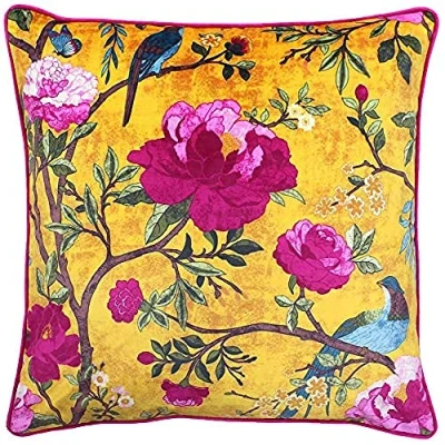 Afbeelding van Riva Paoletti Chinoiserie Kussenhoes Goud Geel Bloem Vogelprint Gepaneerde Randen Machine Wasbaar 100% Polyester 50 X 50cm (20&quot; 20&quot; Inches) Ontworpen in het Verenigd