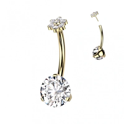 Afbeelding van Navelpiercing titanium steen met bloem top goud kleur