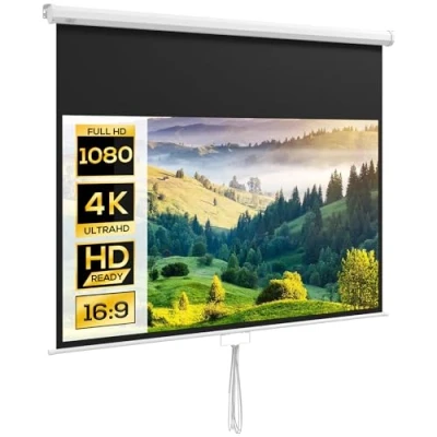 Afbeelding van HOMCOM Beamerscherm 172 x 96 cm, handmatig projectiescherm, rolscherm voor 4K, HD, filmscherm thuisbioscoop en presentatie, wit