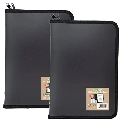 Afbeelding van eco A5 50% gerecycleerd 30 vakken zwart rits presentatie display boek, bestandsmap, kunstwerkportfolio met plastic hoezen (pak van 2), eco089x2