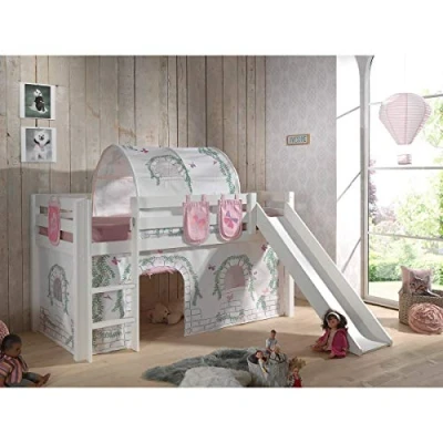 Afbeelding van Vipack Hoogslaper PINO Massief hout, textielset &#039;Birdy&#039;, naar keuze met glijbaan en bedtunnel
