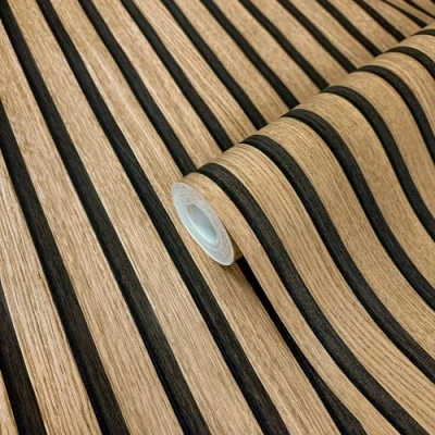 Afbeelding van WALLCOVER Fotobehang met houtlook, bruin, vliesbehang, akoestische panelen, houten wand, 3D effect, Scandinavische natuurlijke look, moderne 10,05 m x 0,53 m, Made in
