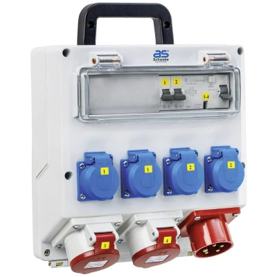 Afbeelding van as Schwabe wandverdeler klaar voor aansluiting bouwstroomverdeler met CEE stekker 400V/16A/11kW uitgang 4x Schuko, 2x (400V/16A/5 polig) vochtruimteverdeler verdeelkast IP44, 61522