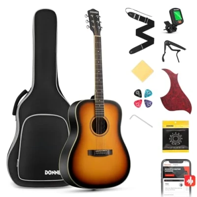 Afbeelding van Donner Akoestische Gitaar Full Size 4/4 Dreadnought 41 &quot;Gitaar Kit voor Beginner met Gigbag Capo Picks Tuner Strap Snaren (Sunburst)