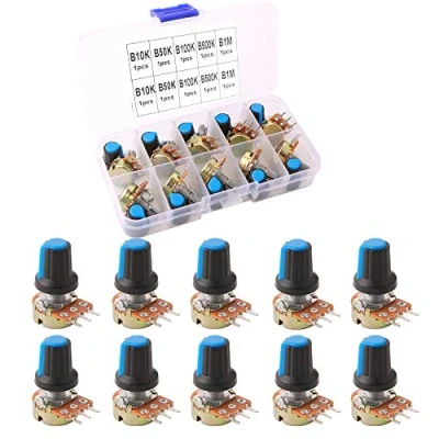 Afbeelding van QitinDasen 10 stuks premium WH148 potentiometer, B type lineaire taper 3 terminal draaipotentiometer met knop (B10K, B50K, B100K, B500K, B1M Ohm)