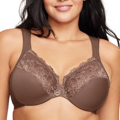 Afbeelding van Glamorise Vrouwen Plus Size Low Cut Wonderwire Lace Bra Onderdraad #1240, Mokka, 105H