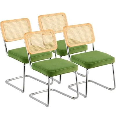 Afbeelding van VEVOR Set van 4, Mid Century Modern, gestoffeerd fluwelen accent rotan rug, retro eetkamer keuken stoel voor woonkamer, slaapkamer, leeskamer, kantoor, groen, 45 x 57 83,5 cm