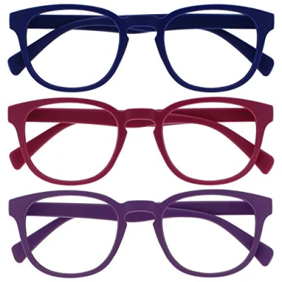 Afbeelding van Opulize Pop 3 Stuks Retro Ronde Glad Mat Blauw Roze Purper Mannen Vrouwen Leesbril Scharnieren Met Veer RRR2 345 +2,50