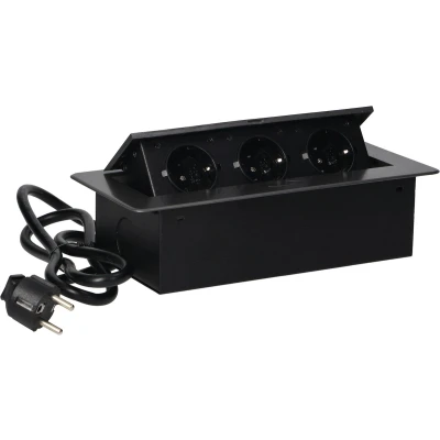Afbeelding van Stekkerdoos met 3 stopcontacten Pop up Stekkerblok 1.5 meter kabel Inbouw Verdeelstekker RVS afwerking 230 Volt voor max. 3680 Watt Antraciet