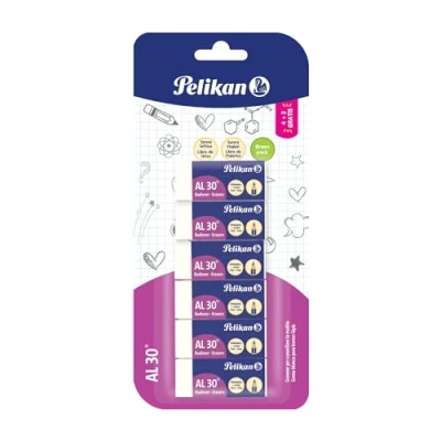 Afbeelding van Pelikan Gum AL 30, wit gum, voor grafietpotloden, technische en artistieke tekeningen, geschikt kinderen, verpakking van 6 stuks, afmetingen 43 x 17 12 mm