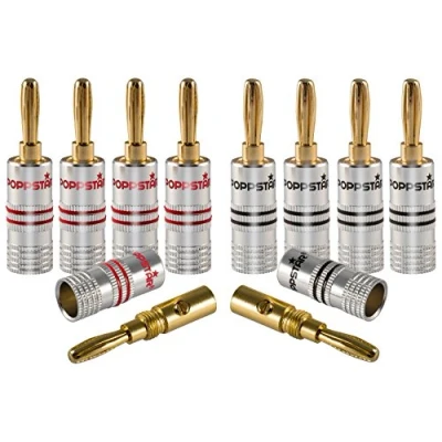 Afbeelding van Poppstar 10x High End Bananenstekker, voor Luidsprekerkabel (tot 6 mm²), Speakers, Luidspreker, AV Receiver, 24k Vergulde Contacten (5x zwart, 5x rood)