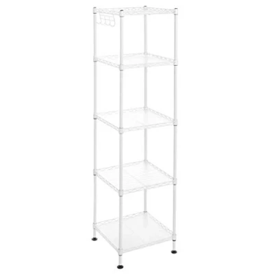 Afbeelding van Badkamerrek, staand rek, metalen tot 100 kg belastbaar, met 5 PP platen, afneembare haken, 30 x 123,5 cm, uitbreidbaar, voor kleine ruimtes, wit transparant LGR023W01