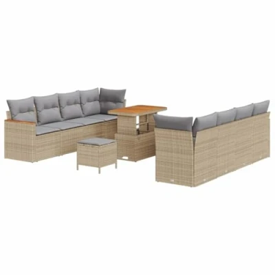 Afbeelding van vidaXL 11 Delige Tuin Sofa Set met Kussens Beige Poly Rattan Acacia, 3 Eettafel Acacia