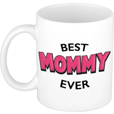 Afbeelding van Best mommy ever cadeau koffiemok / theebeker wit met roze letters 300 ml feest mokken