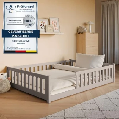 Afbeelding van Kinderbed Vloerbed 90x200 cm Bed met uitvalbescherming &amp; lattenbodem Montessoribed Kinderledikant Jeugdbed Eenpersoonsbed optioneel matras wit massief grenenhout jongen meisje