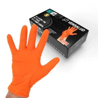 Afbeelding van VENSALUD Wegwerphandschoenen van nitril, extra sterk, stofvrij, robuust, voor monteurs, werkplaats, tuinieren, keuken, tatoeëren, dierenartsen, reiniging, latexvrij, 50 stuks, oranje, S