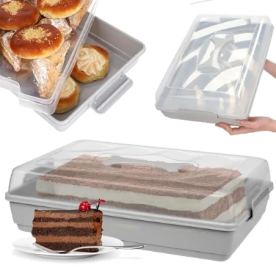 Afbeelding van KADAX Taarten en gebakdoos met deksel, 44 x 30 12,5 cm taarthouder van kunststof, transportbox handvat, bakvorm, voor blikken cake, muffins, rechthoekig, voedselbox Grijs