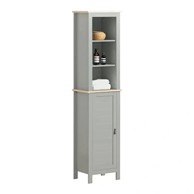 Afbeelding van Sobuy Kolomkast Badkamer Badkamerkast Staande kast Opbergkast Opbergplank met 1 Deur en 3 Planken voor Badkamer, Woonkamer, Slaapkamer, L39xB30xH169cm, Grijs, BZR68 HG
