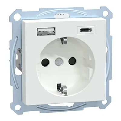 Afbeelding van Schneider Electric Merten MEG2367 0325 Stopcontact met USB aansluiting type A+C, Systeem M actief wit, Schuko stopcontact, inbouwstopcontact, geaard geschikt voor smartphone, tablet