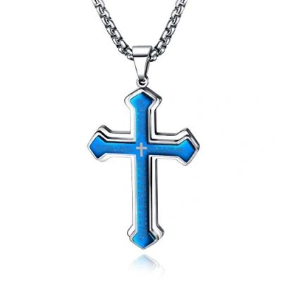 Afbeelding van Herenketting met kruishanger, herenketting, roestvrij staal, Cubaanse ketting, zilvergoud, 60 cm, biker punk rock herenaccessoires, blauw