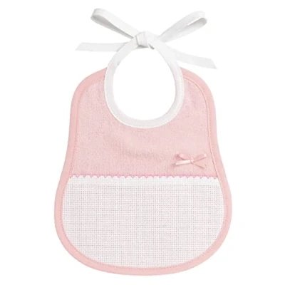 Afbeelding van Filet Slabbetje van zachte chenille badstof, roze, met tas Aida stof, ideaal voor kruissteek en satijnen strik, praktisch accessoire pasgeborenen gemakkelijk te borduren, gemaakt in