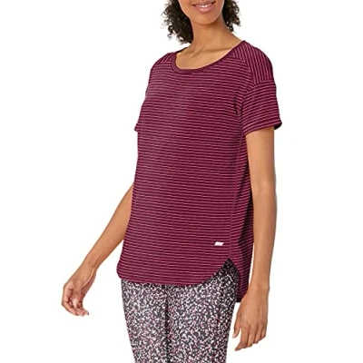 Afbeelding van Amazon Essentials Women&#039;s Lichtgewicht Studio T shirt met ronde hals en casual pasvorm (verkrijgbaar in grote maten), Bordeauxrood Streep, S