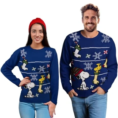 Afbeelding van The Peanuts wintertrui, uniseks, Snoopy gebreide sweatshirt, lelijke sweater voor heren en dames, blauw, S