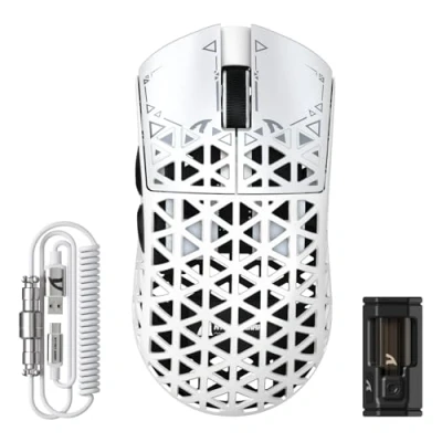 Afbeelding van ATTACK SHARK R5 Ultra koolstofvezel gaming muis, 39 g superlight, 8000Hz draadloze 42000 DPI, PAW3950MAX sensor, Nordic 52840 MCU, Bluetooth/2.4G/bekabeld, met spiraalkabel, PC/Mac, wit