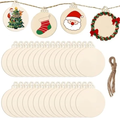 Afbeelding van DRERIO 50 stuks ronde houten kerstballen kerst hangende versieringen hout plak natuurlijke ornamenten blanco met koord voor kerstboom decoratie doe het zelf