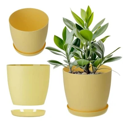 Afbeelding van KADAX bloempot, plantenpot met onderschotel, ronde bloempot van kunststof, matte pot voor cactussen, varens, glanzende balkon, woning en terras (diameter 25 cm, citroen)