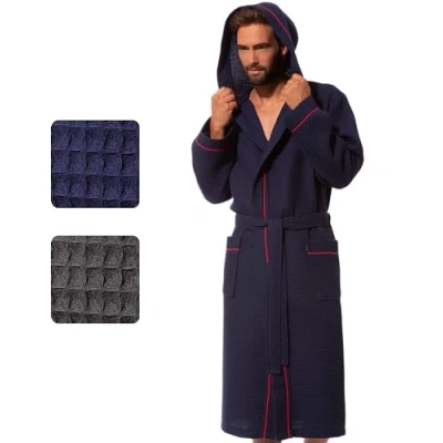 Afbeelding van Morgenstern ochtendjas zomer heren katoen wafel badjas met capuchon reizen kamerjas licht 3XL blauw