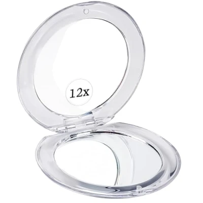 Afbeelding van MIRRORVANA Kleine 12x vergrotende make upspiegel voor op reis, dubbelzijdig 12X/1X, opvouwbaar en lichtgewicht, draagbaar compact spiegelontwerp ideaal handtas, portemonnee of zakgebruik 8,4