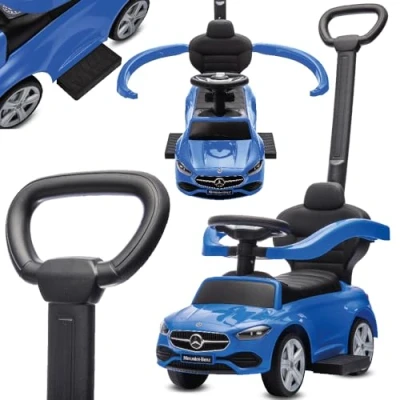 Afbeelding van Mercedes Benz Kindervoertuig 4in1, Loophulp met Claxon, Opbergruimte, Voetsteun, Duwstang, tot 2 jaar, max 27 kg, baby ride on (Blauw)