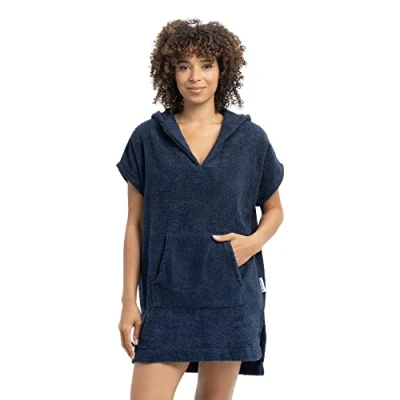 Afbeelding van HOMELEVEL badstof poncho voor dames Maat M strandponcho 100% katoen Met kangoeroezak en capuchon Donkerblauw