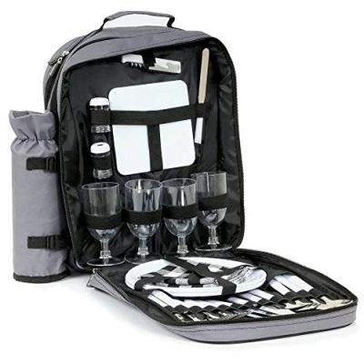 Afbeelding van CampFeuer Picknickrugzak voor 4 personen, grijs, picknickset 31 delig, incl. flessenhouder, groot koelvak, servies en bestek