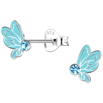 Afbeelding van JoyS Zilveren vlinder oorbellen turquoise blauw vlindertjes vleugels 6 x 8 mm kristal sterling zilver 925
