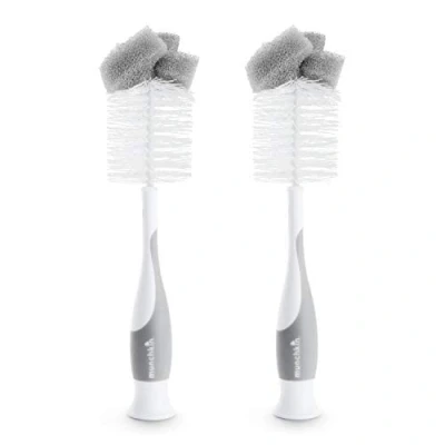 Afbeelding van Munchkin Flessen Borstel, 2 In 1 Spons en Baby Borstels voor Reiniging, Reinigingsborstel Set, Zacht Herbruikbaar met Ingebouwde Speenborstel, Vaatwasserbestendig, Stuks Grijs