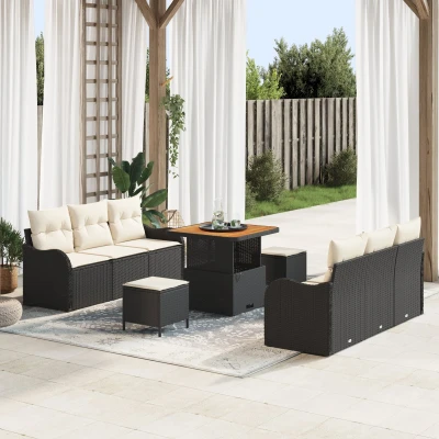 Afbeelding van vidaXL 9 delige Tuinbank Set met Kussens Zwart Poly Rattan Acacia, 2 zits Rattan, 3 Tuin Eetset Acacia