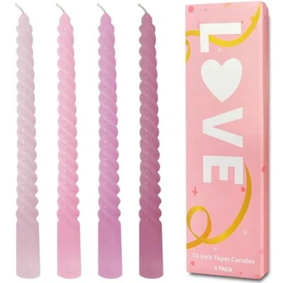 Afbeelding van Topsics Spiraal gedraaide taper kaarsen, set van 4 diner ongeparfumeerde taps toelopende kandelaars 10 inch hoog, ideaal Valentijnsdag cadeau, roze en paarse kaarsen