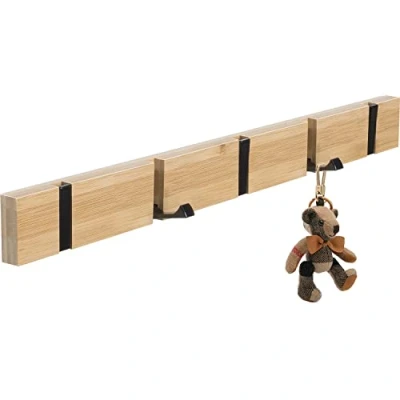 Afbeelding van Haaklijst, kledinghaken, hout, bamboe, garderobelijst, opvouwbare wandgarderobe met 5 beweegbare haken voor jassen, hoeden en handtassen (42 cm)