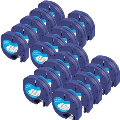 Afbeelding van Molabel 20 stuks compatibele Letratag Label Tape Vervanging voor Dymo 91221 S0721610 91201,12 mm x 4 Zwart op Wit Plastic LT 100H LT110T Printers