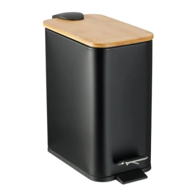 Afbeelding van Relaxdays badkamer prullenbak, 5 L, uitneembare binnenemmer, metalen pedaalemmer, met bamboe deksel, toilet, zwart