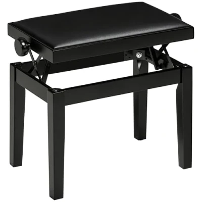 Afbeelding van HOMCOM Pianokruk In hoogte verstelbare Pianobank met leren kussens kunstleer rubber hout zwart 63 x 33 45 56 cm