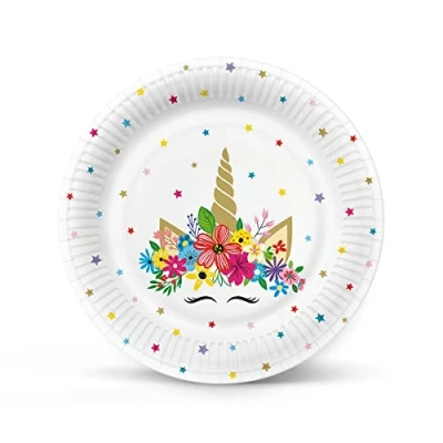 Afbeelding van PAW Papieren Borden Set (8 st.) I Diameter 23 cm Kartonnen voor Feestjes Kleurrijke Ronde Gedrukt met Watergedragen Kleuren Kleur: Unicorn Party