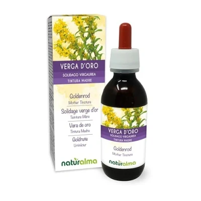 Afbeelding van Echte guldenroede (Solidago virgaurea) kruid met bloemen Alcoholvrije moedertinctuur Naturalma Vloeibaar extract druppels 120 ml Voedingssupplement Veganistisch