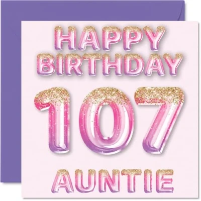 Afbeelding van 107e verjaardagskaart voor tante roze en paarse glitterballonnen gelukkige verjaardagskaarten 107 jarige uit neef nichtje, 145 mm x cadeau