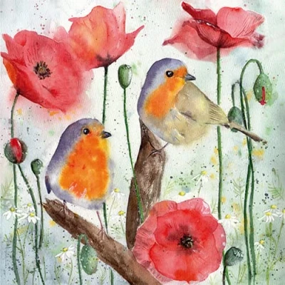 Afbeelding van 20 servetten vogels en klaprozen dieren bloemen zomer tafeldecoratie 33 x cm