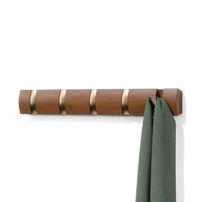 Afbeelding van Umbra Wandkapstok Flip 5 Haken Inklapbaar Licht Walnoot Warm Goud 51x6x3cm