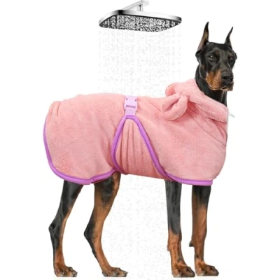 Afbeelding van WUFANC Hondenbadjas voor huisdieren, kleding honden en katten, met capuchon, handdoek honden, zeer absorberend sneldrogend, zacht, roze, vijf maten (M) (XXL)